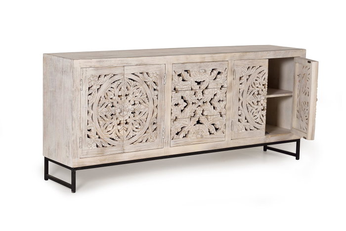 GINER Y COLOMER - Buffet en bois de manguier massif et métal avec 4 portes, 3 tiroirs, finition blanc vieilli - 80 x 190 x 38 cm
